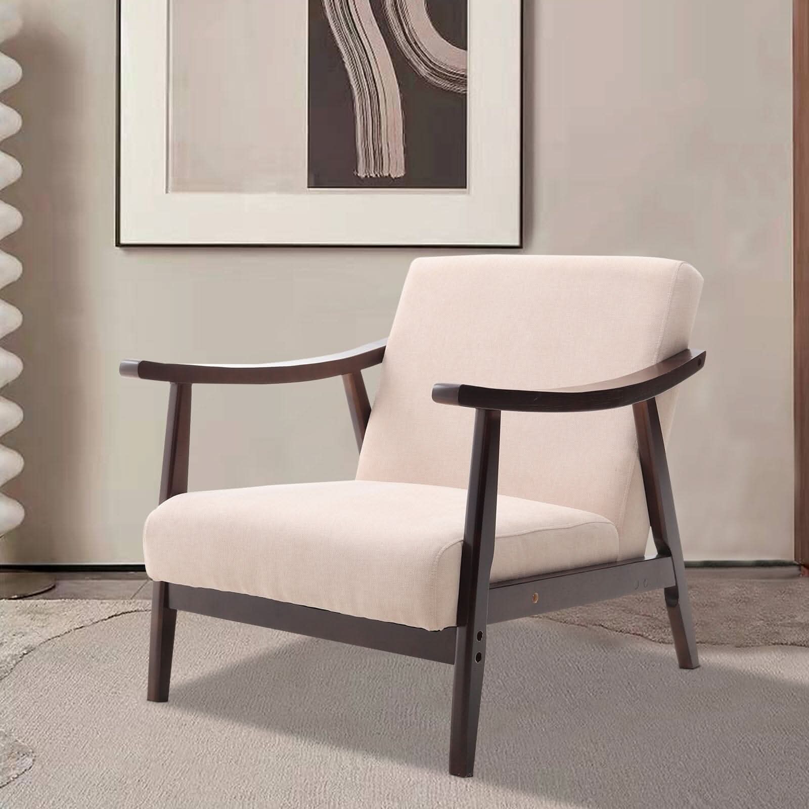 Mid-Century Modern Wooden Arm Accent Chair – Beige Tech Velvet