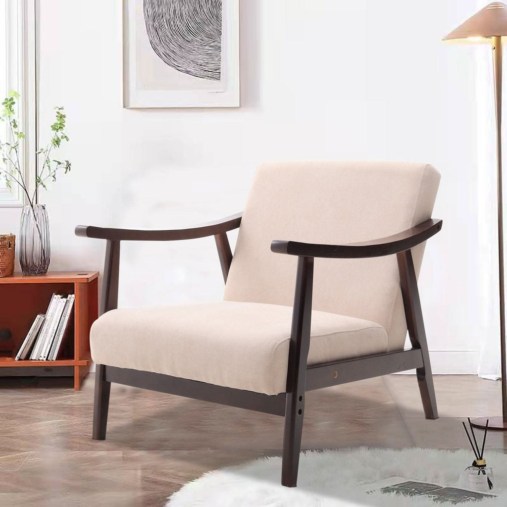 Mid-Century Modern Wooden Arm Accent Chair – Beige Tech Velvet