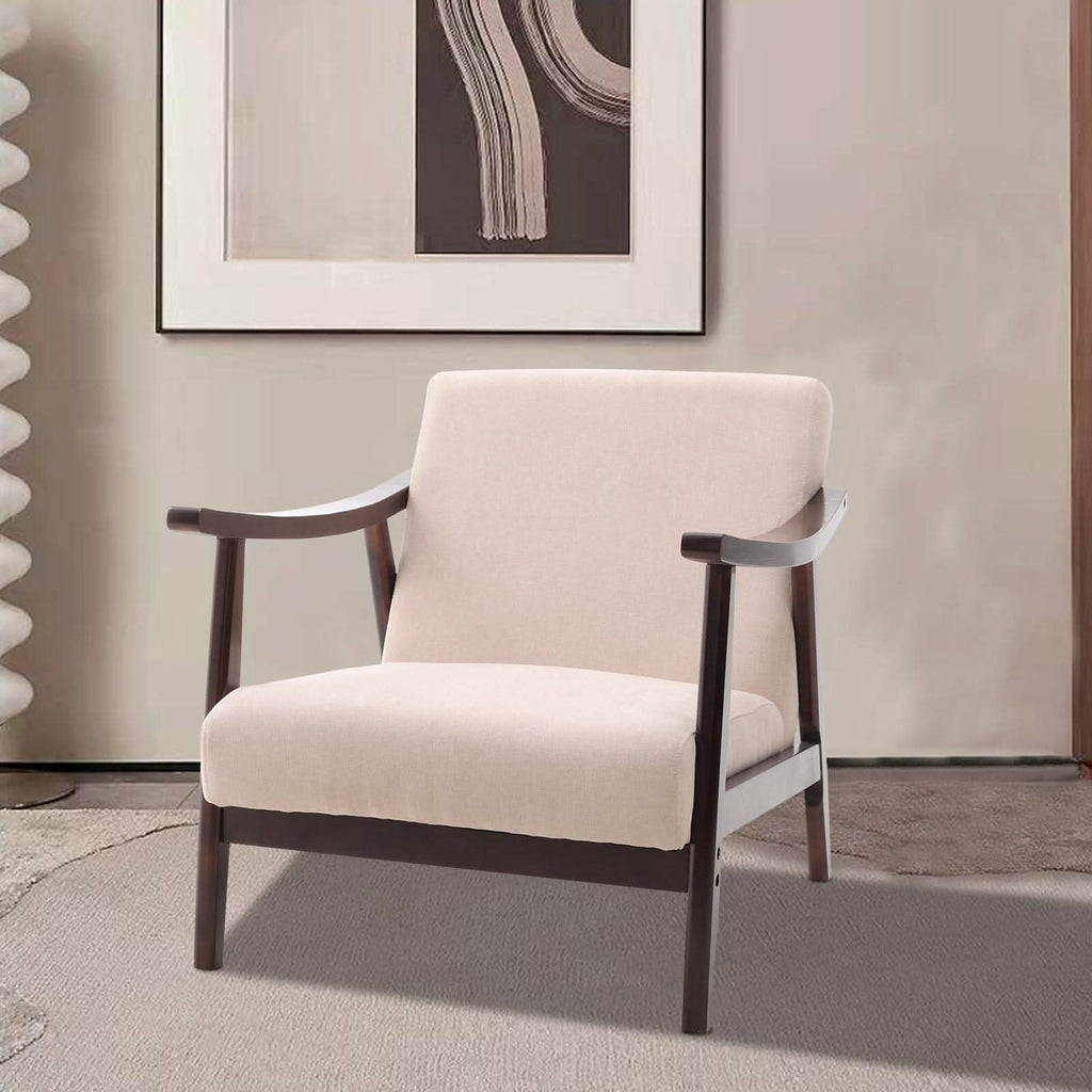 Mid-Century Modern Wooden Arm Accent Chair – Beige Tech Velvet