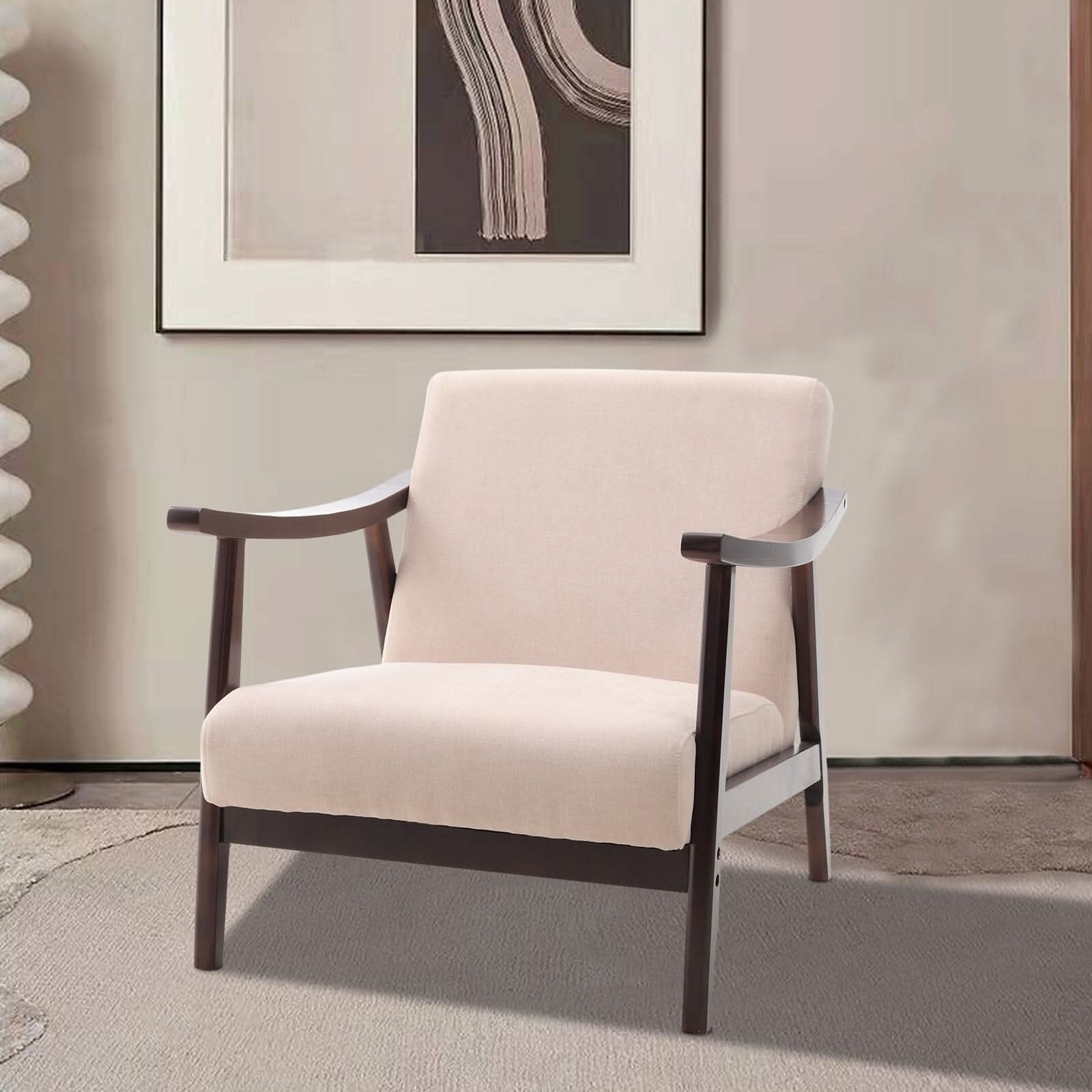 Mid-Century Modern Wooden Arm Accent Chair – Beige Tech Velvet
