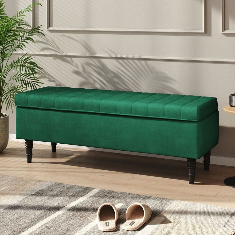 Emerald Velvet Storage Bench with Tufted Top Black Rubberwood Legs