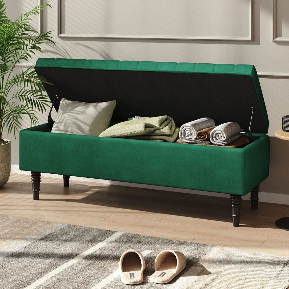 Emerald Velvet Storage Bench with Tufted Top Black Rubberwood Legs