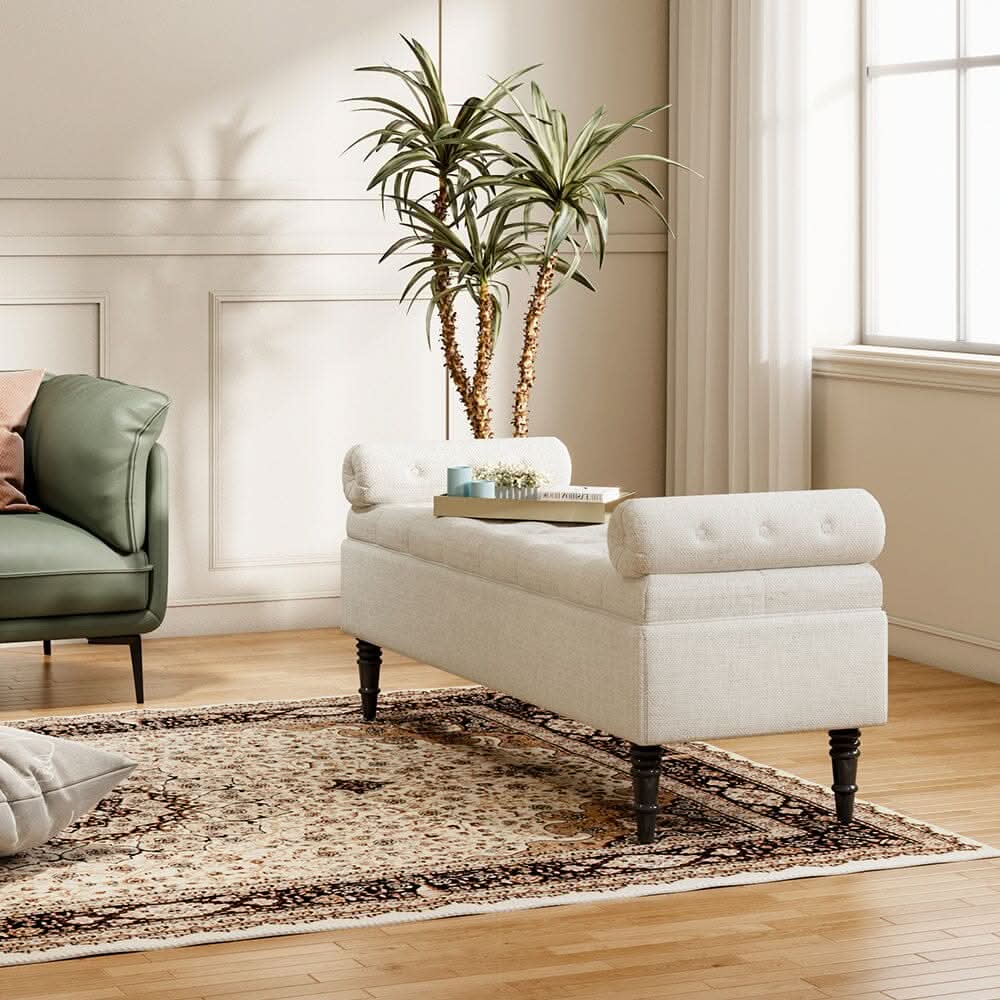 Grey Velvet Storage Bench with Tufted Top, Dual Pillows