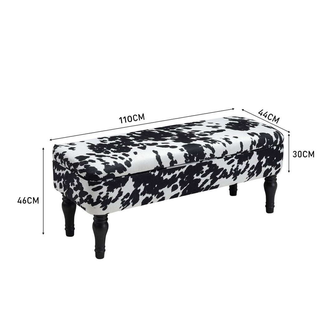 Cow Print Velvet Storage Bench with Black Rubberwood Legs