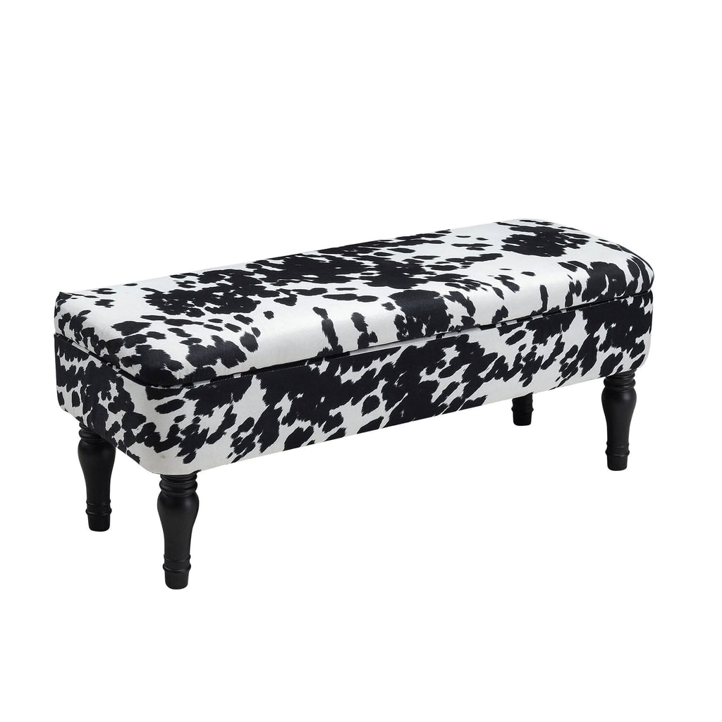 Cow Print Velvet Storage Bench with Black Rubberwood Legs