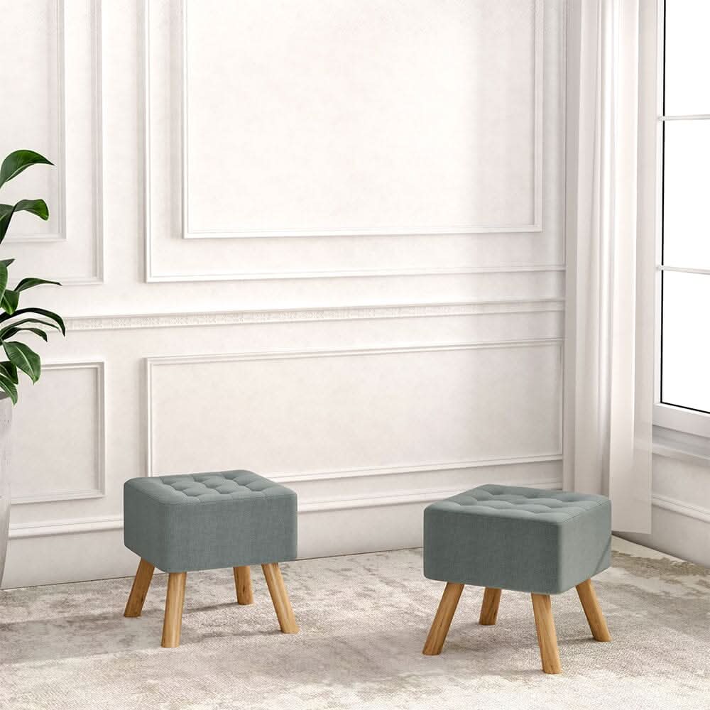 Square Tufted Shoe Stool Linen Fabric with Oak Legs