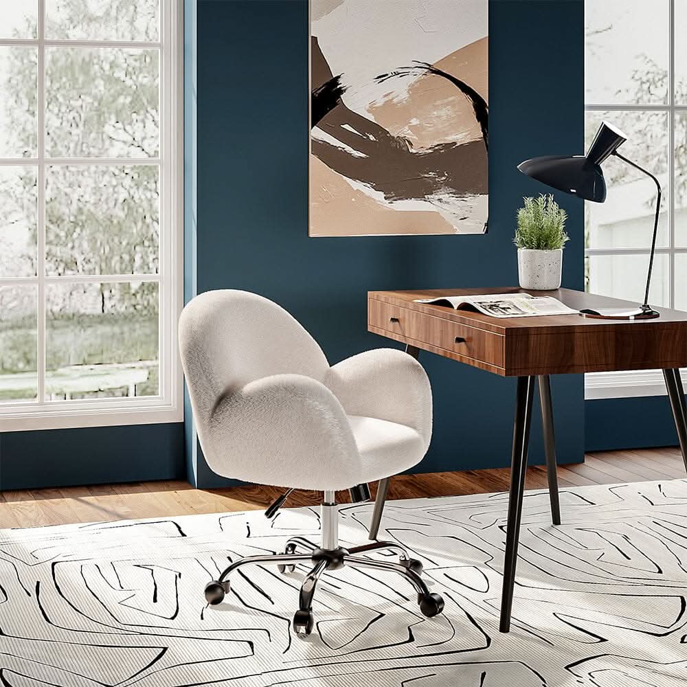 Classic White Upholstered Office Chair with Wood Accents