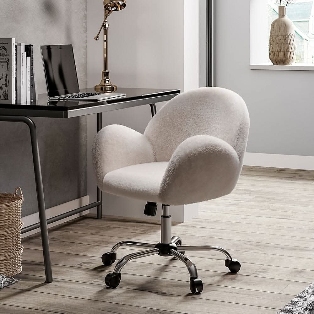 Classic White Upholstered Office Chair with Wood Accents