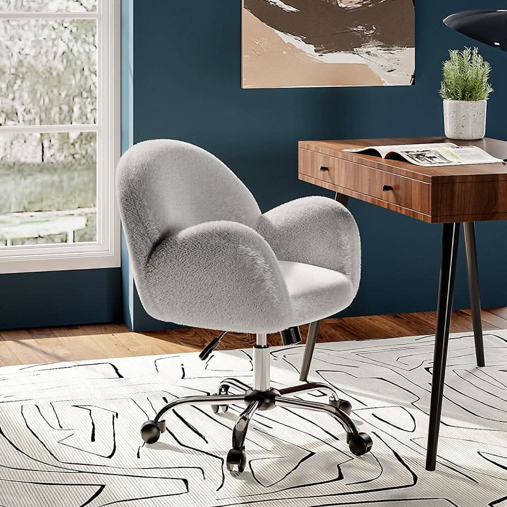 Grey Plush Adjustable Office Chair with Armrests and Rolling Wheels
