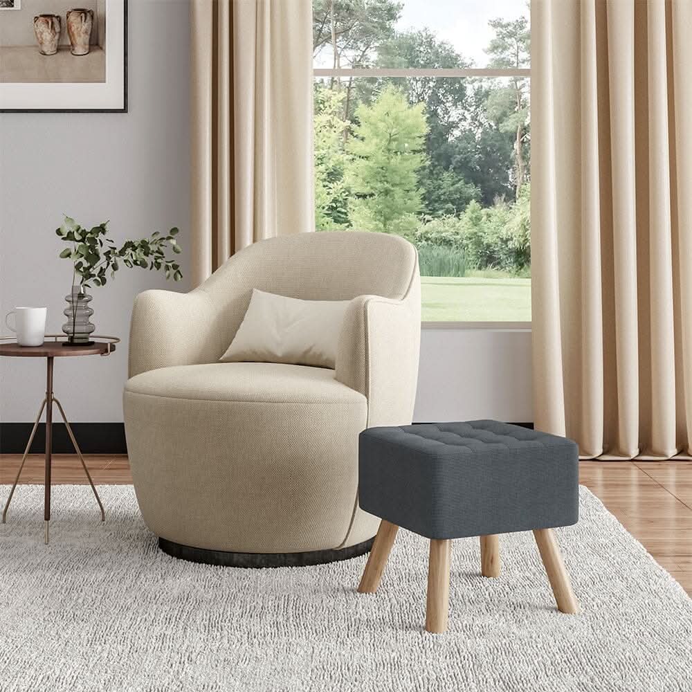 Square Tufted Shoe Stool Linen Fabric with Oak Legs