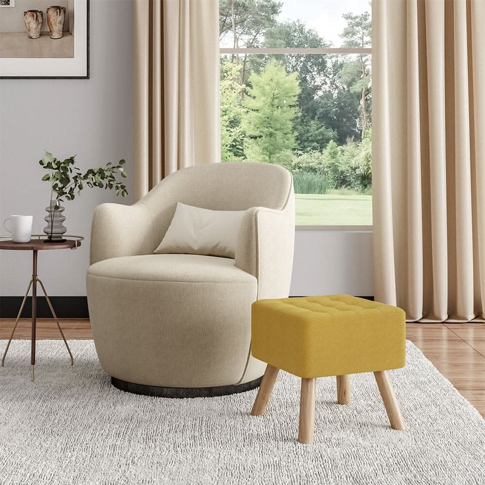 Square Tufted Shoe Stool Linen Fabric with Oak Legs