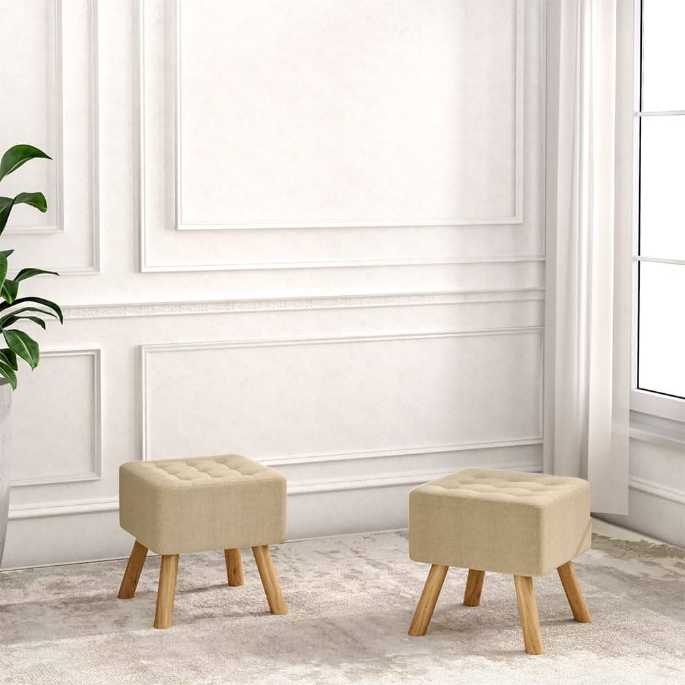Square Tufted Shoe Stool Linen Fabric with Oak Legs