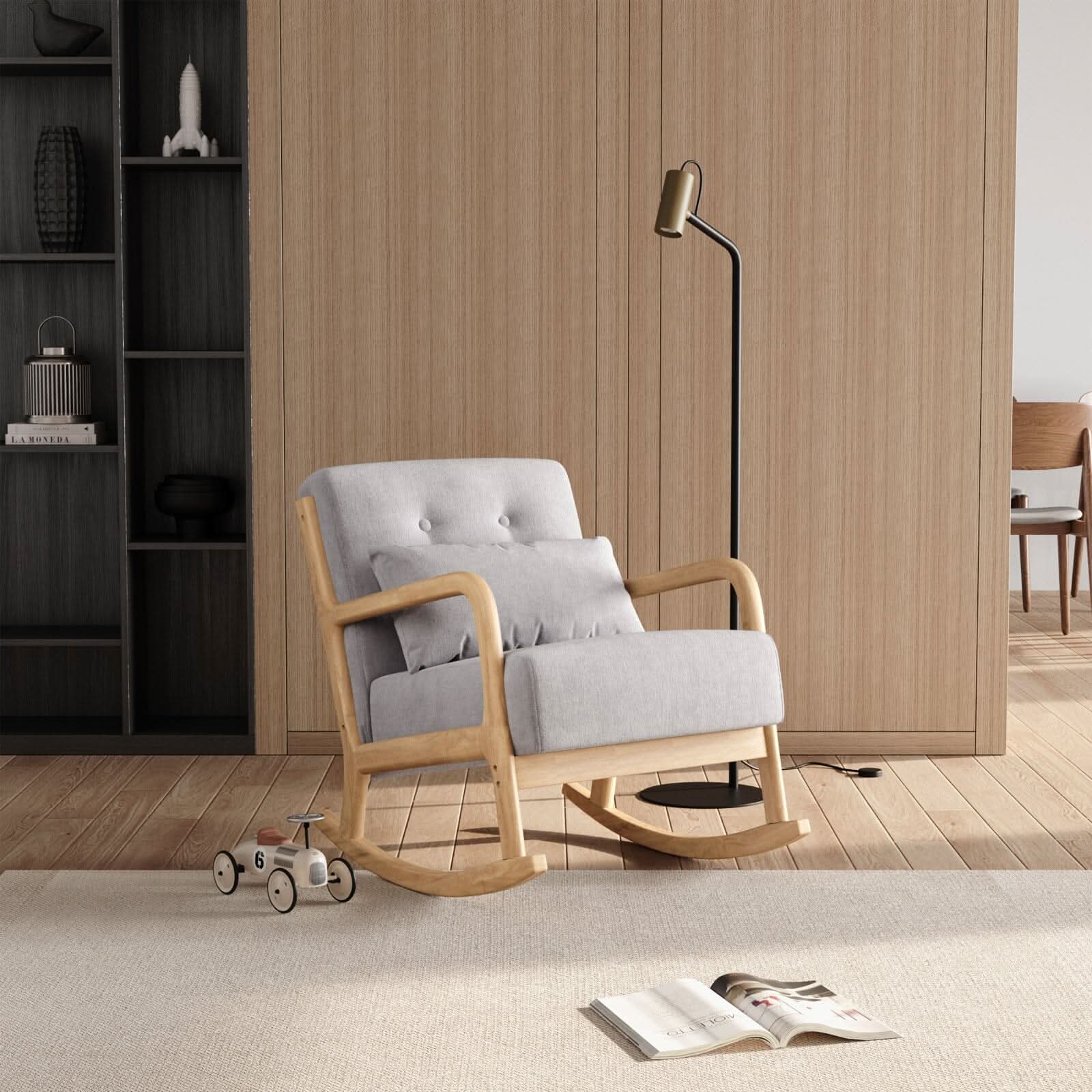 Linen Rocking Chair Upholstered Seat Lounge Chair Grey