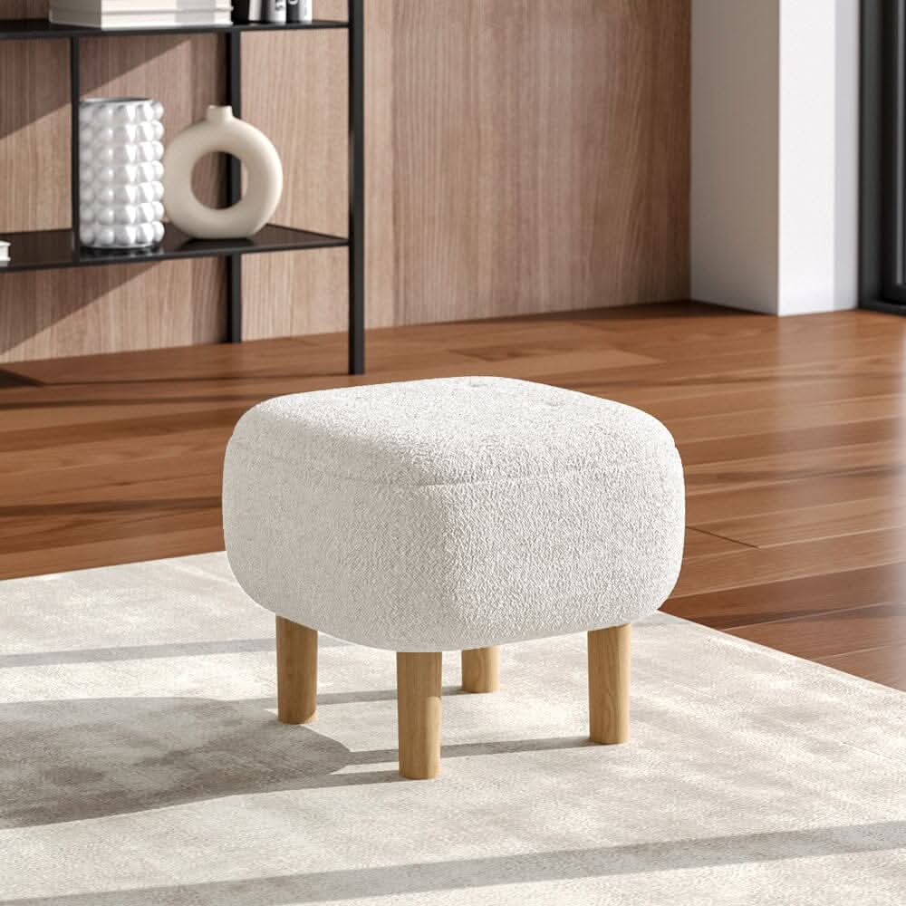 Square Teddy Fabric Ottoman Stool with Tufted Detail