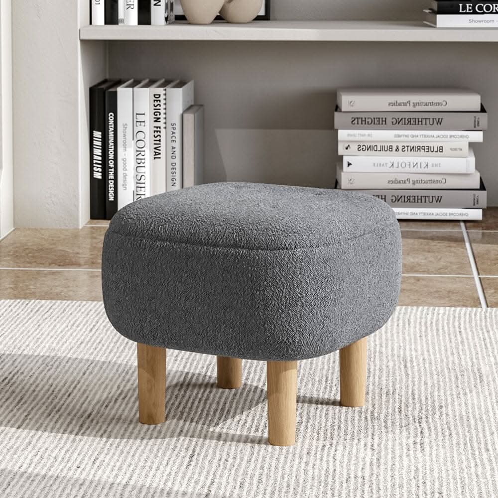 Square Teddy Fabric Ottoman Stool with Tufted Detail