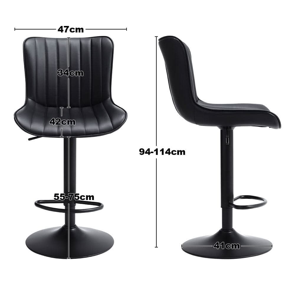 Set of 2 Bar Stools with Black Leather Swivel Adjustable Height