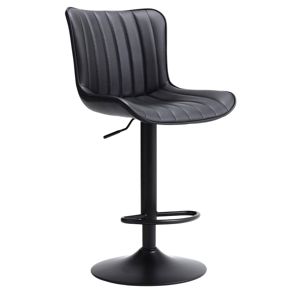 Set of 2 Bar Stools with Black Leather Swivel Adjustable Height