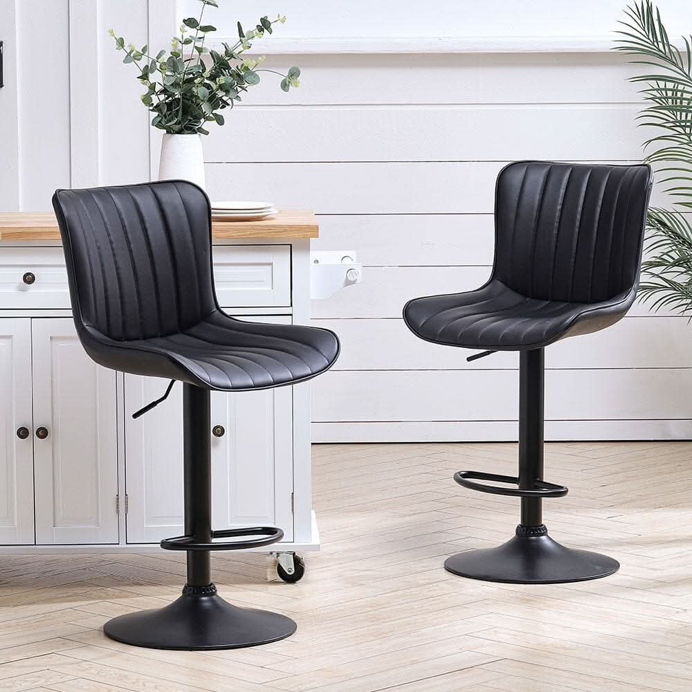 Set of 2 Bar Stools with Black Leather Swivel Adjustable Height