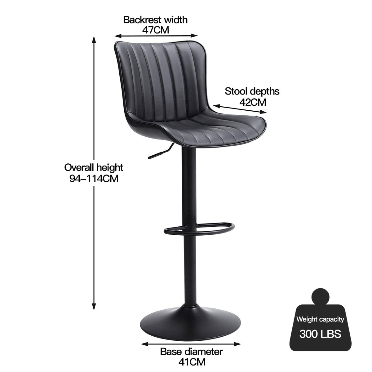 Set of 2 Bar Stools with Black Leather Swivel Adjustable Height