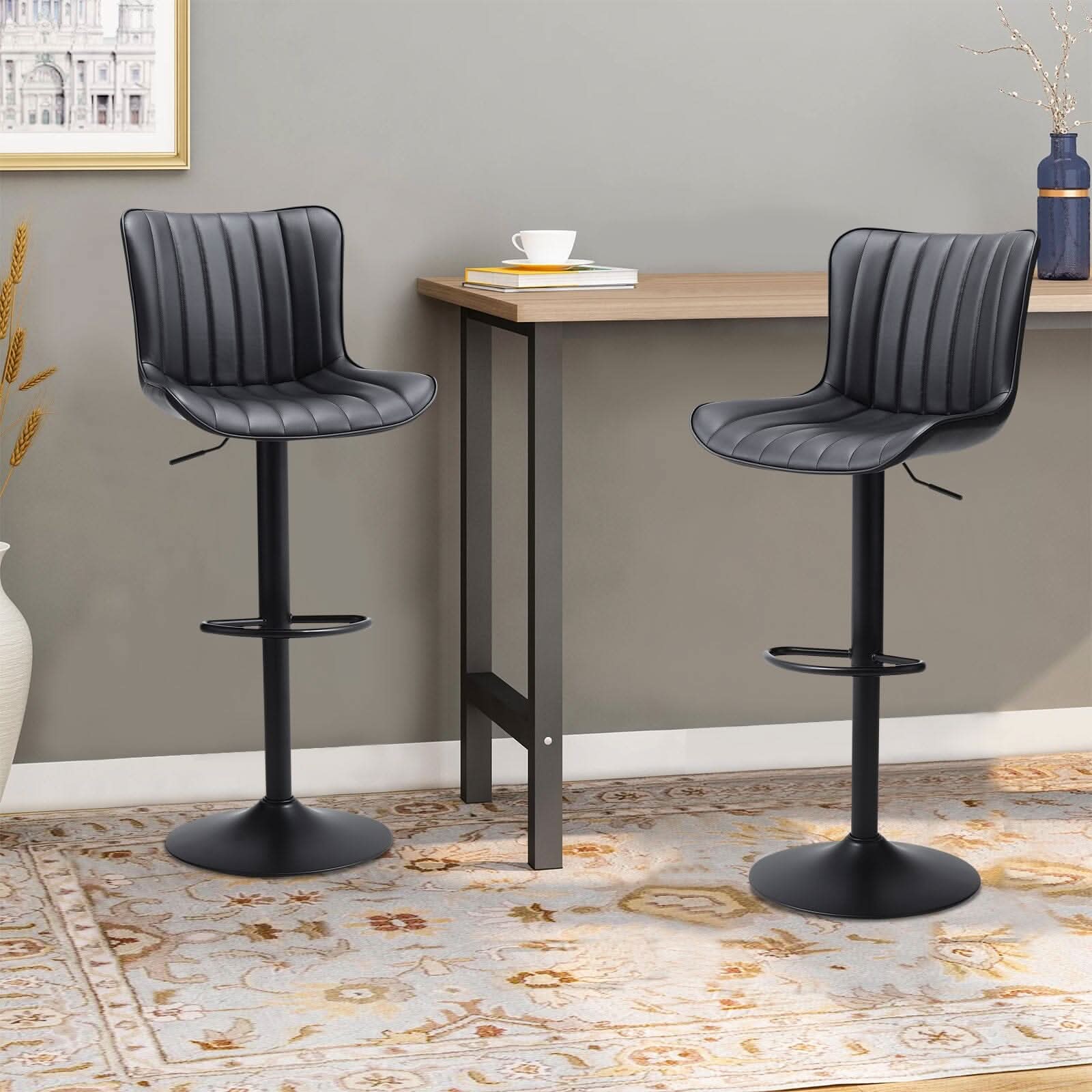 Set of 2 Bar Stools with Black Leather Swivel Adjustable Height