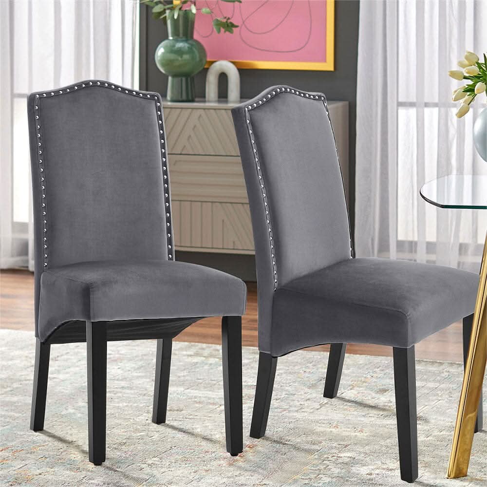Set of 2 Grey Velvet Upholstered High Back Dinning Chair