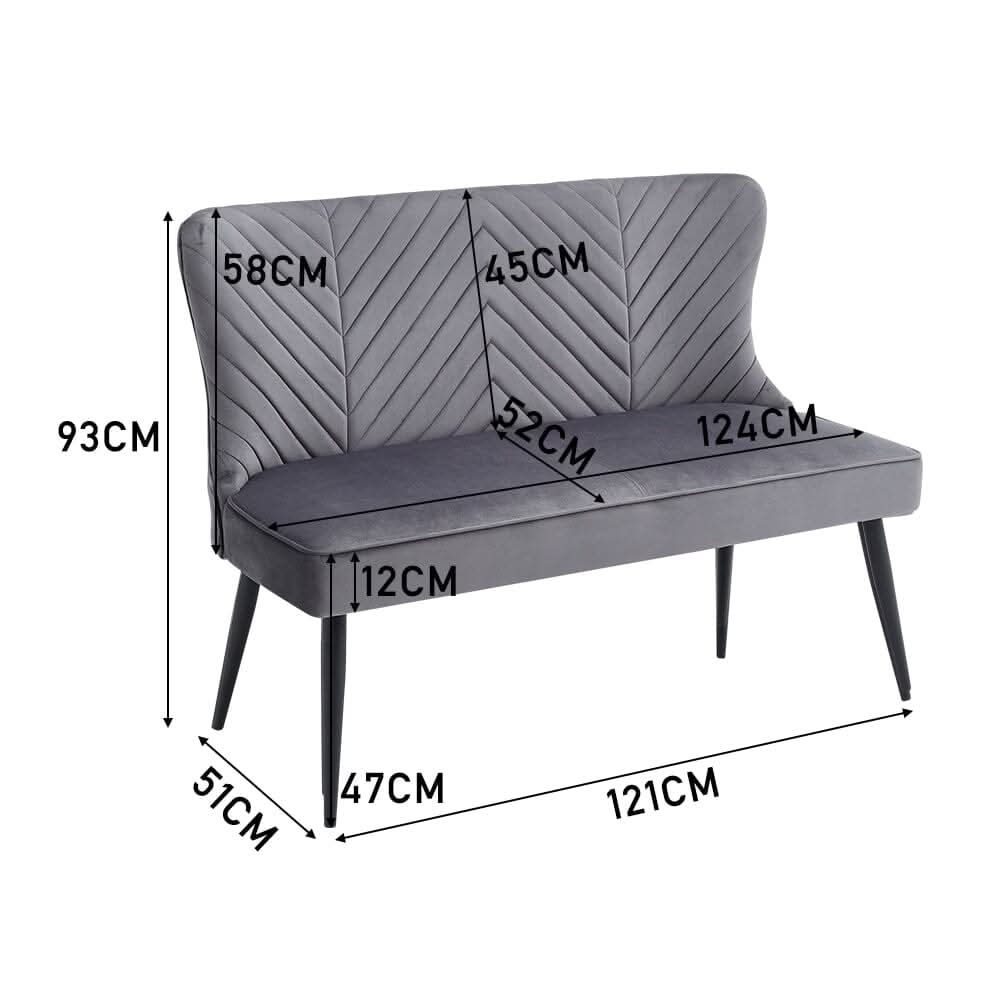 2 Seater Bench Sofa Grey Velvet Metal Legs