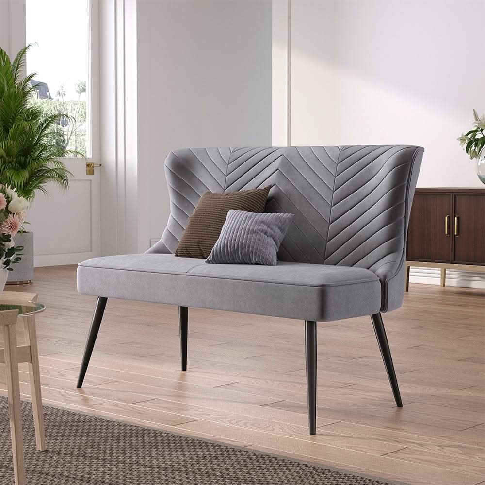 2 Seater Bench Sofa Grey Velvet Metal Legs