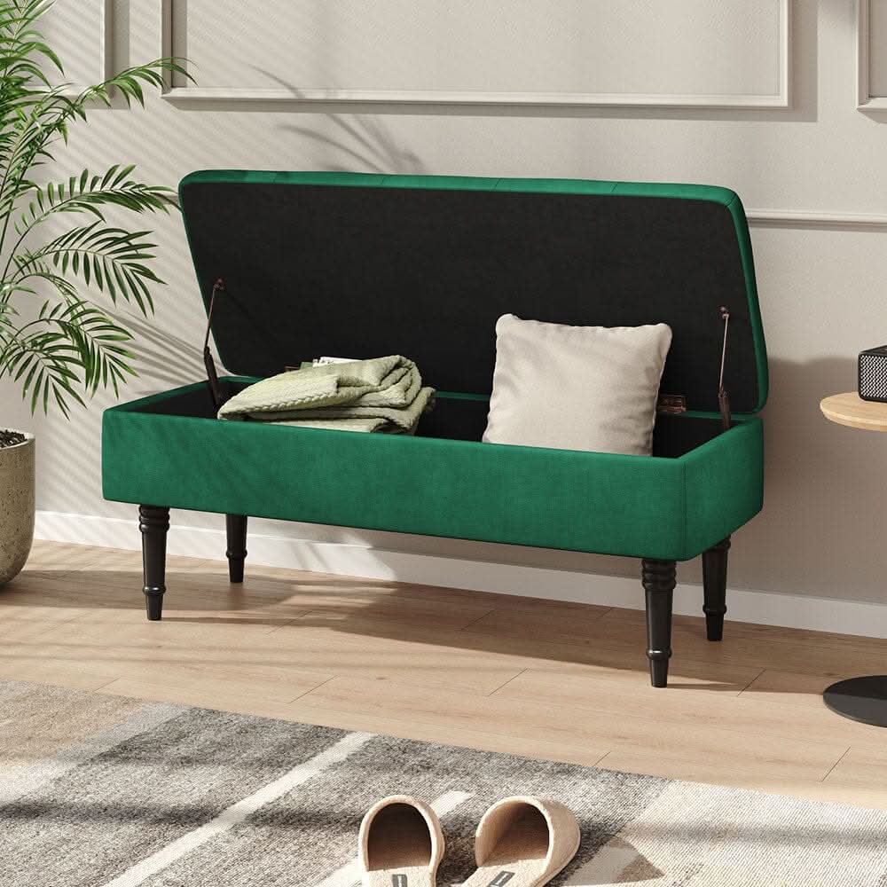 Teal Velvet Storage Bench with Tufted Top