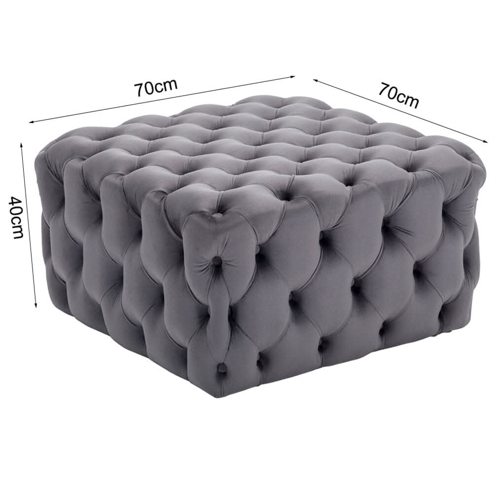 Chesterfield Style Square Ottoman Grey Velvet with Full Tufting