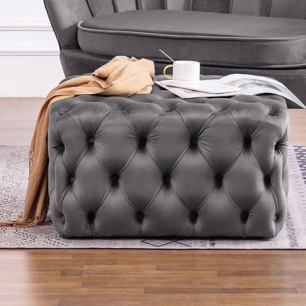 Chesterfield Style Square Ottoman Grey Velvet with Full Tufting