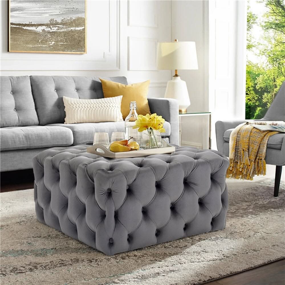 Chesterfield Style Square Ottoman Grey Velvet with Full Tufting