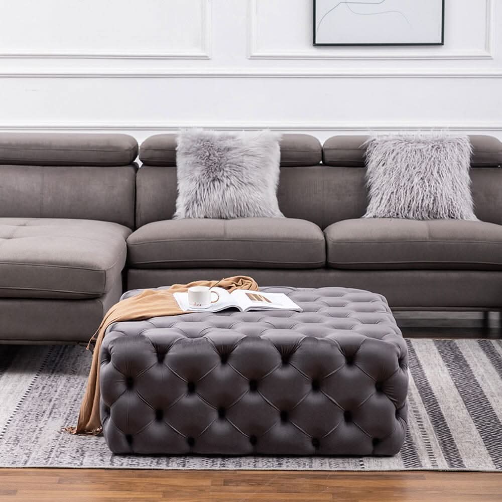 Chesterfield Style Square Ottoman Grey Velvet with Full Tufting