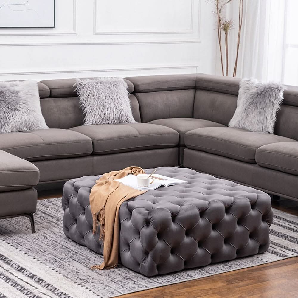 Chesterfield Style Square Ottoman Grey Velvet with Full Tufting