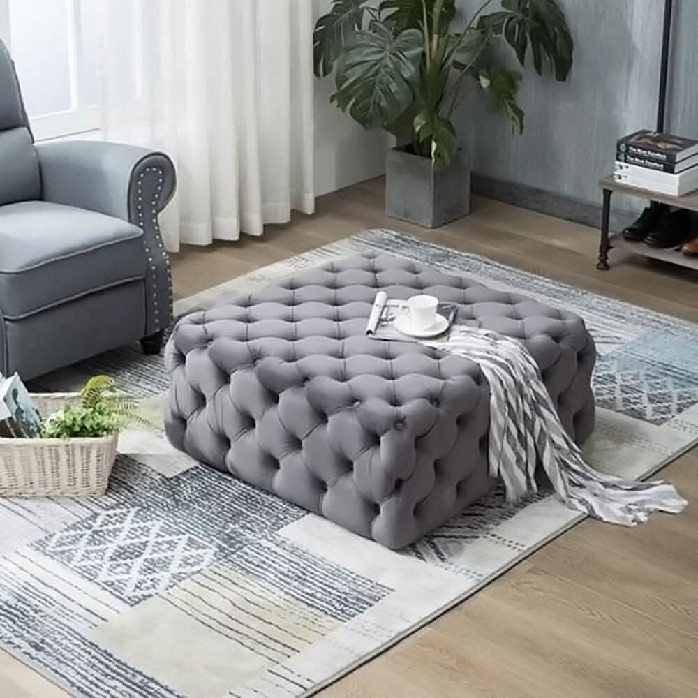 Chesterfield Style Square Ottoman Grey Velvet with Full Tufting