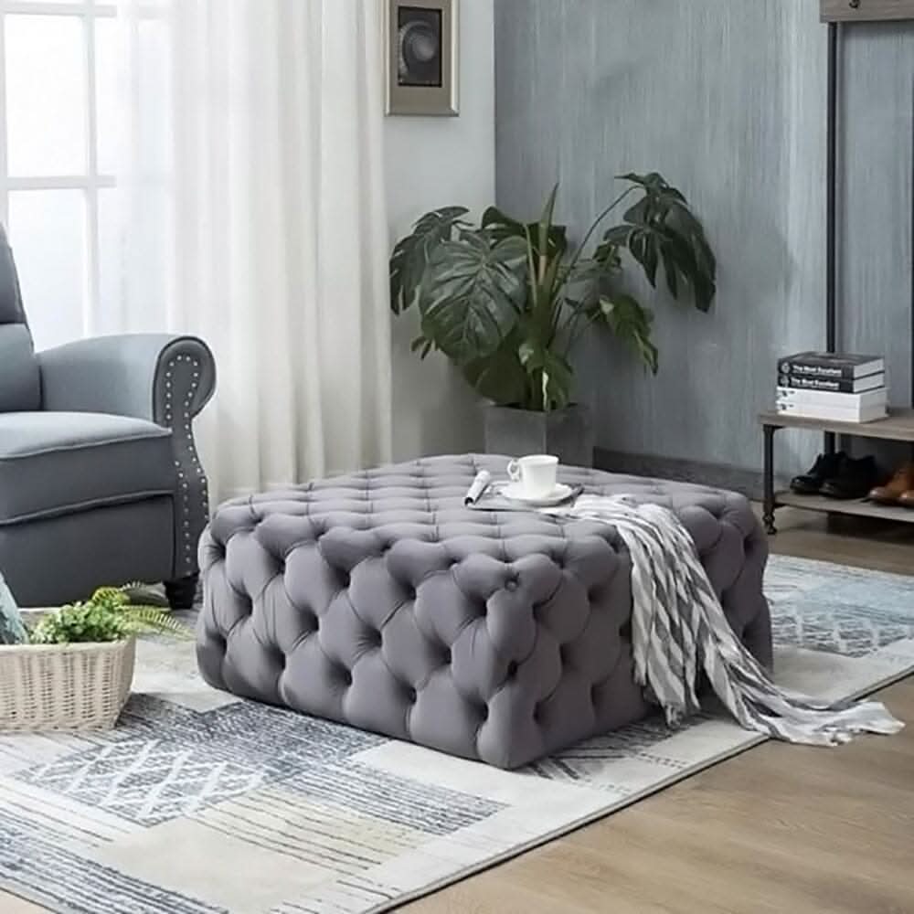 Chesterfield Style Square Ottoman Grey Velvet with Full Tufting
