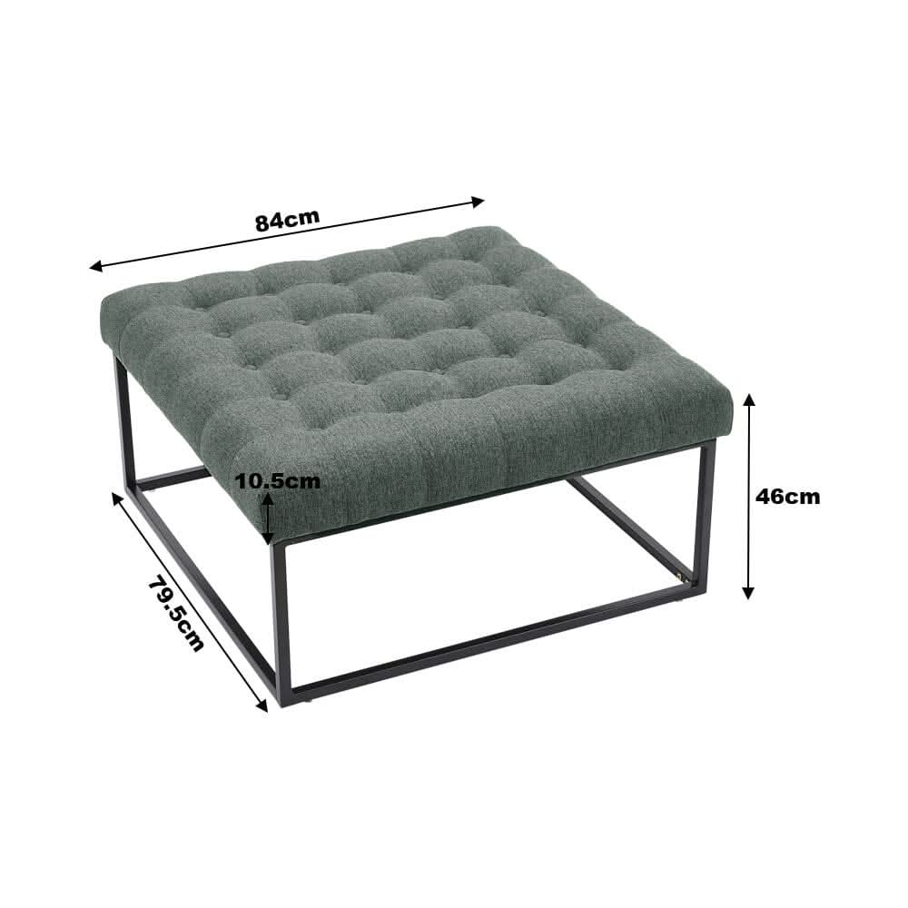 Large Square Ottoman Bench Linen Fabric with Tufted Detail &amp; Metal Frame