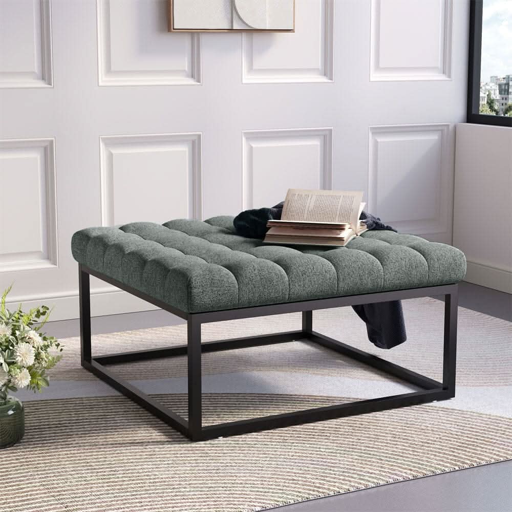 Large Square Ottoman Bench Linen Fabric with Tufted Detail &amp; Metal Frame
