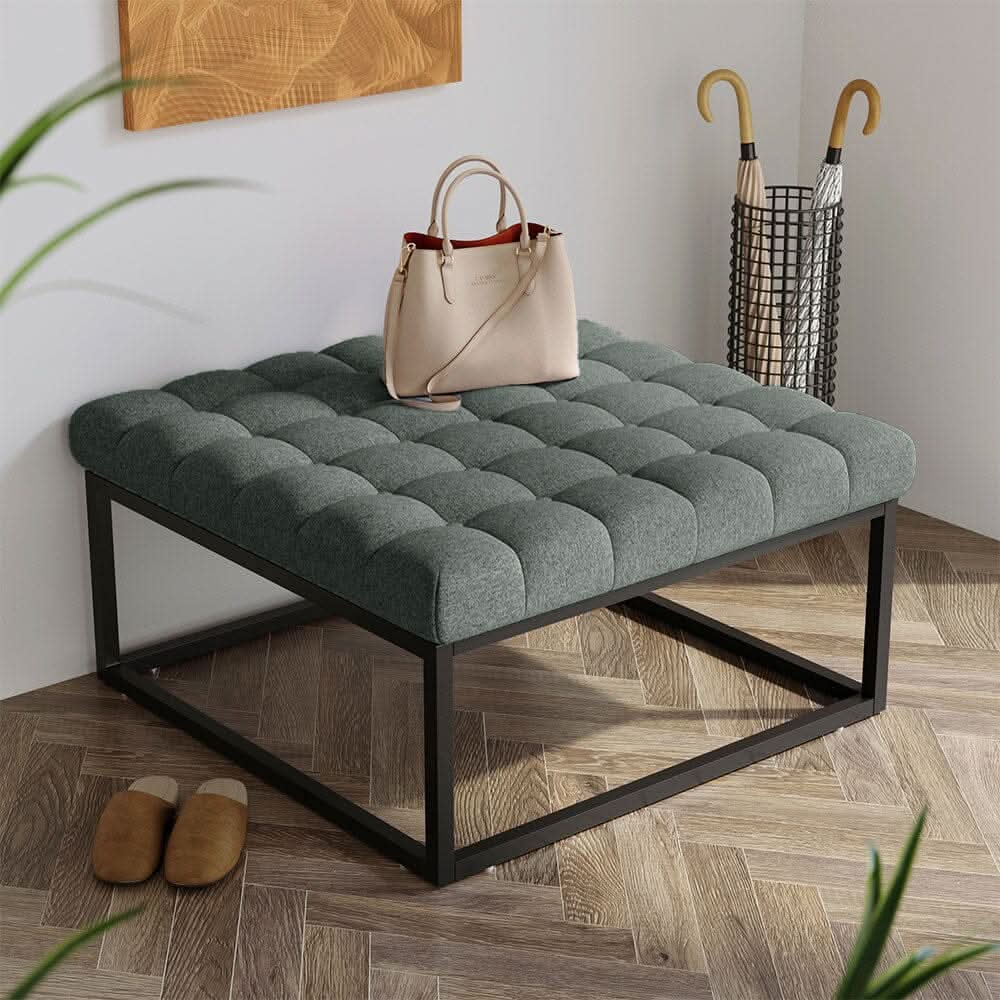 Large Square Ottoman Bench Linen Fabric with Tufted Detail &amp; Metal Frame