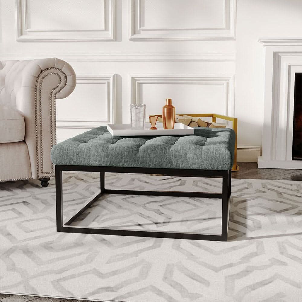 Large Square Ottoman Bench Linen Fabric with Tufted Detail &amp; Metal Frame