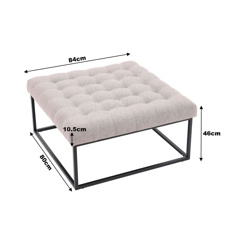Large Square Ottoman Bench Linen Fabric with Tufted Detail &amp; Metal Frame