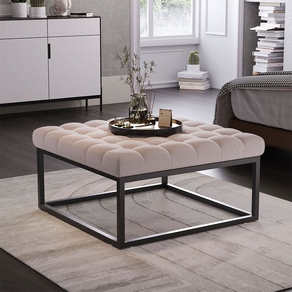 Large Square Ottoman Bench Linen Fabric with Tufted Detail &amp; Metal Frame