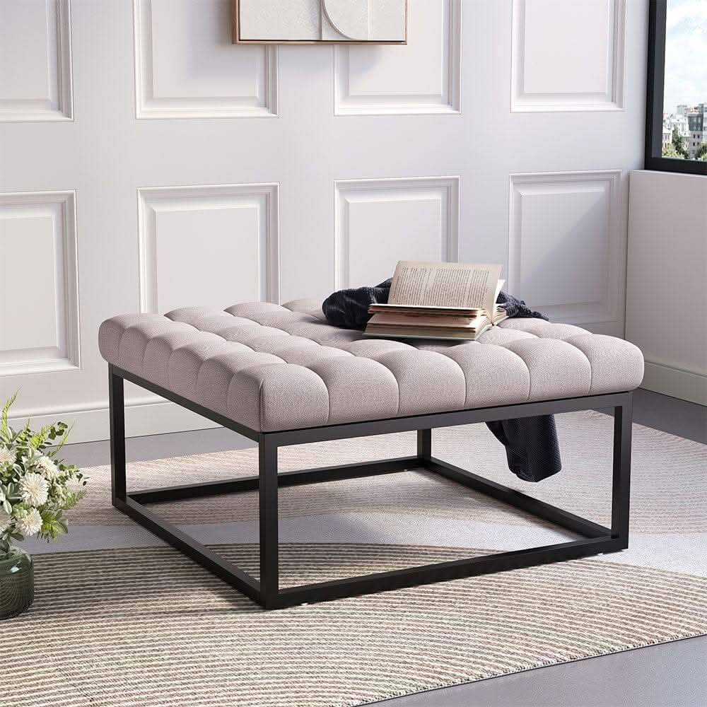 Large Square Ottoman Bench Linen Fabric with Tufted Detail &amp; Metal Frame