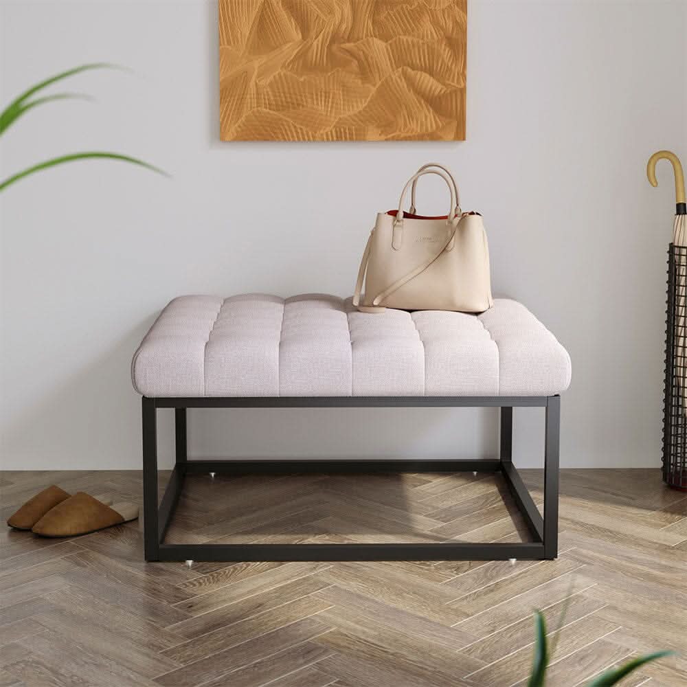 Large Square Ottoman Bench Linen Fabric with Tufted Detail &amp; Metal Frame