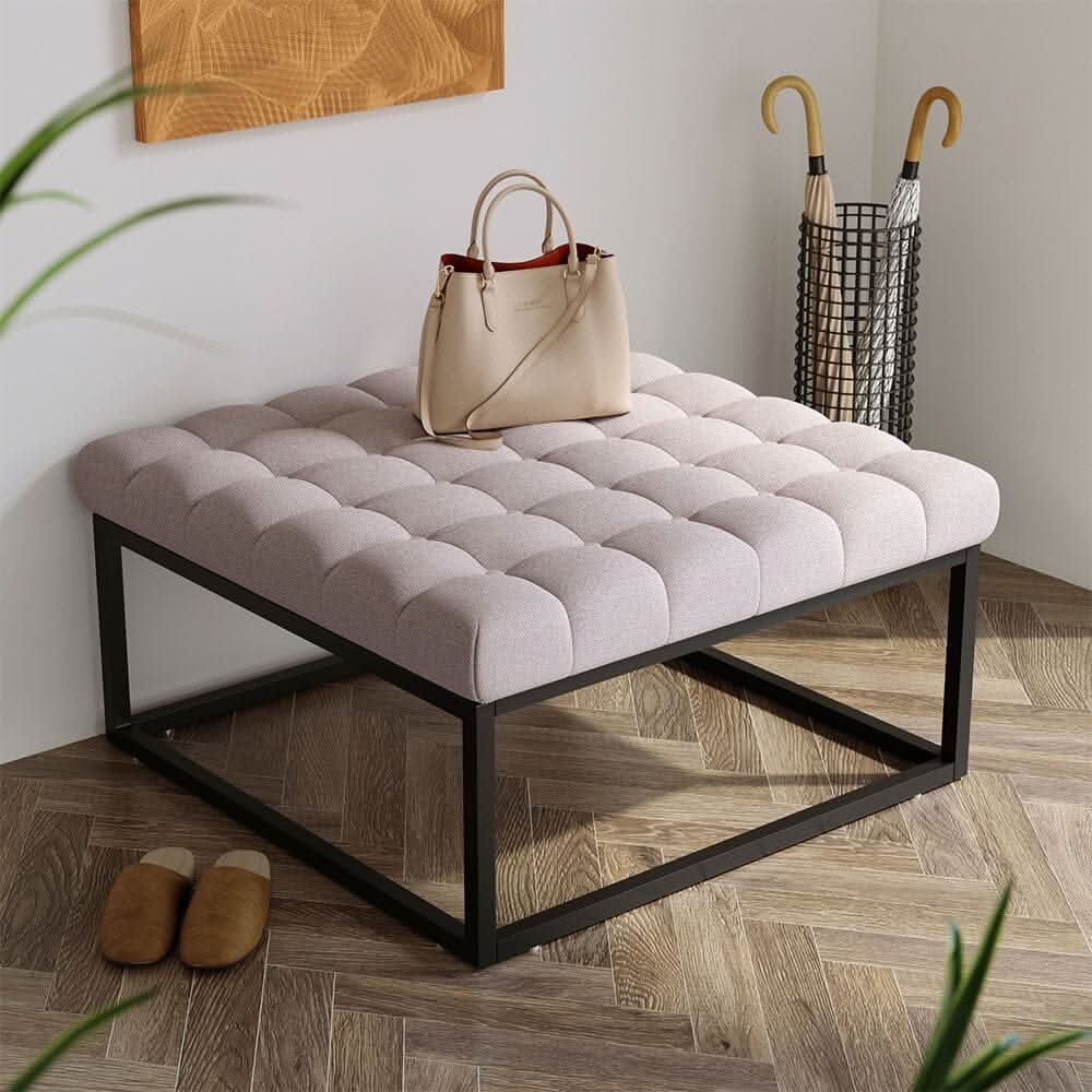 Large Square Ottoman Bench Linen Fabric with Tufted Detail &amp; Metal Frame