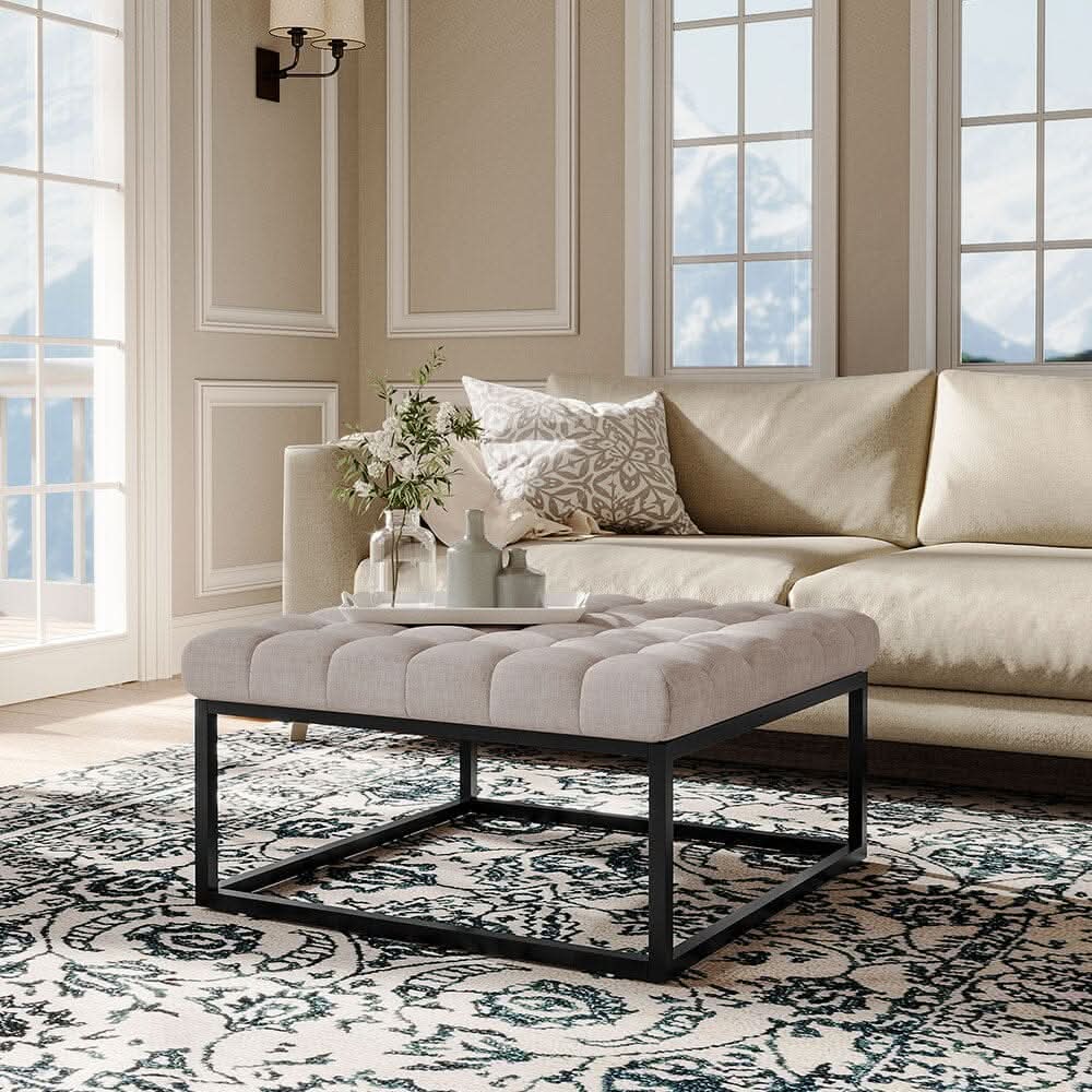 Large Square Ottoman Bench Linen Fabric with Tufted Detail &amp; Metal Frame