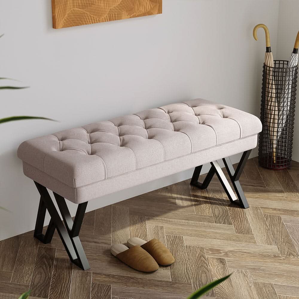 Rectangular Tufted Bench with Metal Frame Linen Fabric