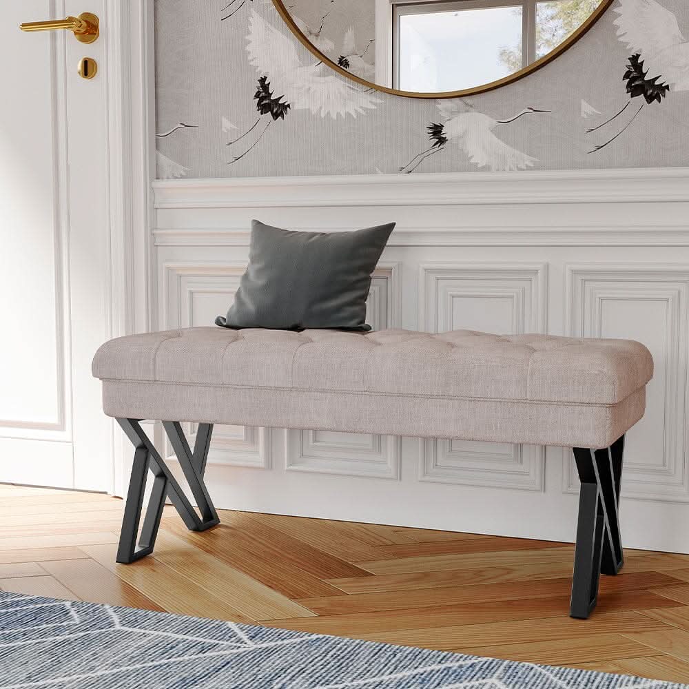 Rectangular Tufted Bench with Metal Frame Linen Fabric
