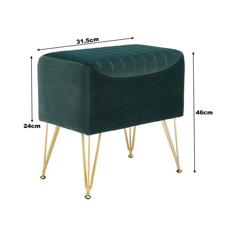 Mid-Century Modern Ribbed Ottoman Stool Green Velvet with Gold Legs