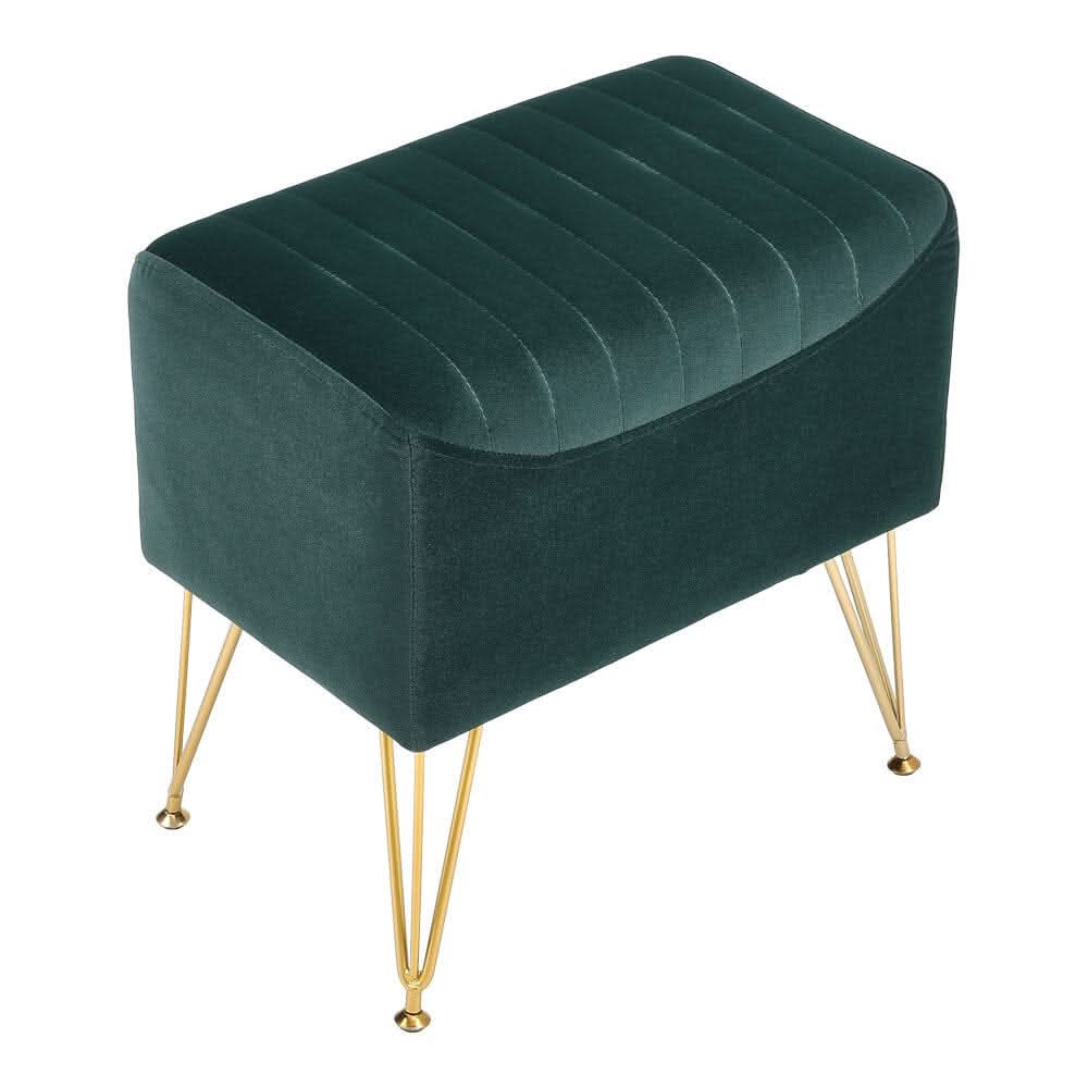 Mid-Century Modern Ribbed Ottoman Stool Green Velvet with Gold Legs