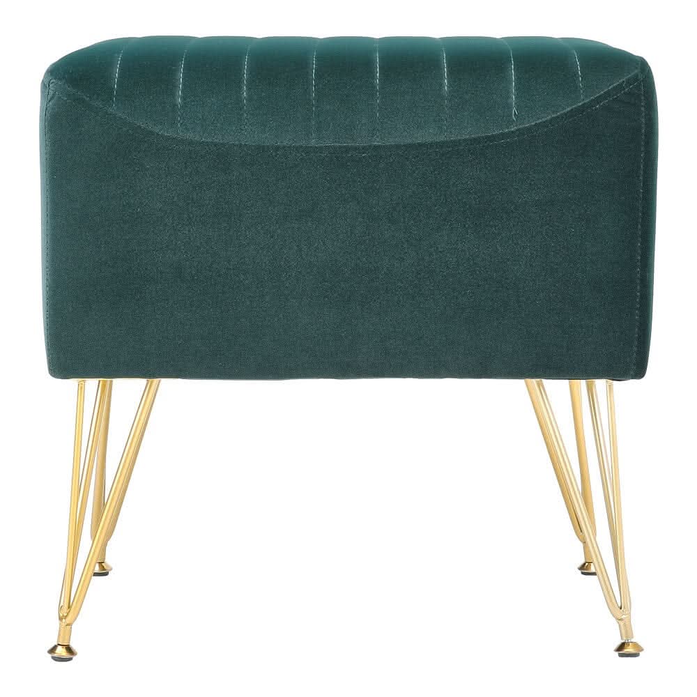 Mid-Century Modern Ribbed Ottoman Stool Green Velvet with Gold Legs